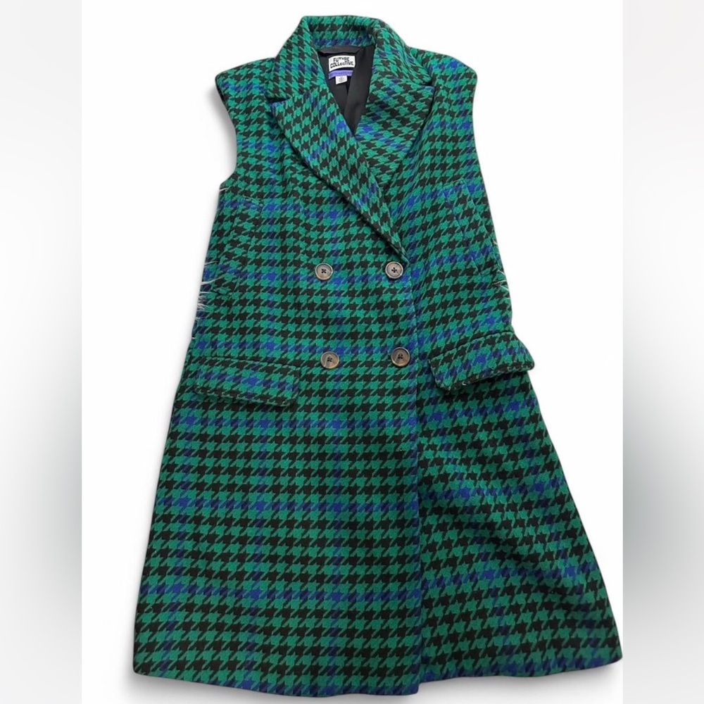 Green and blue houndstooth wool blend vest